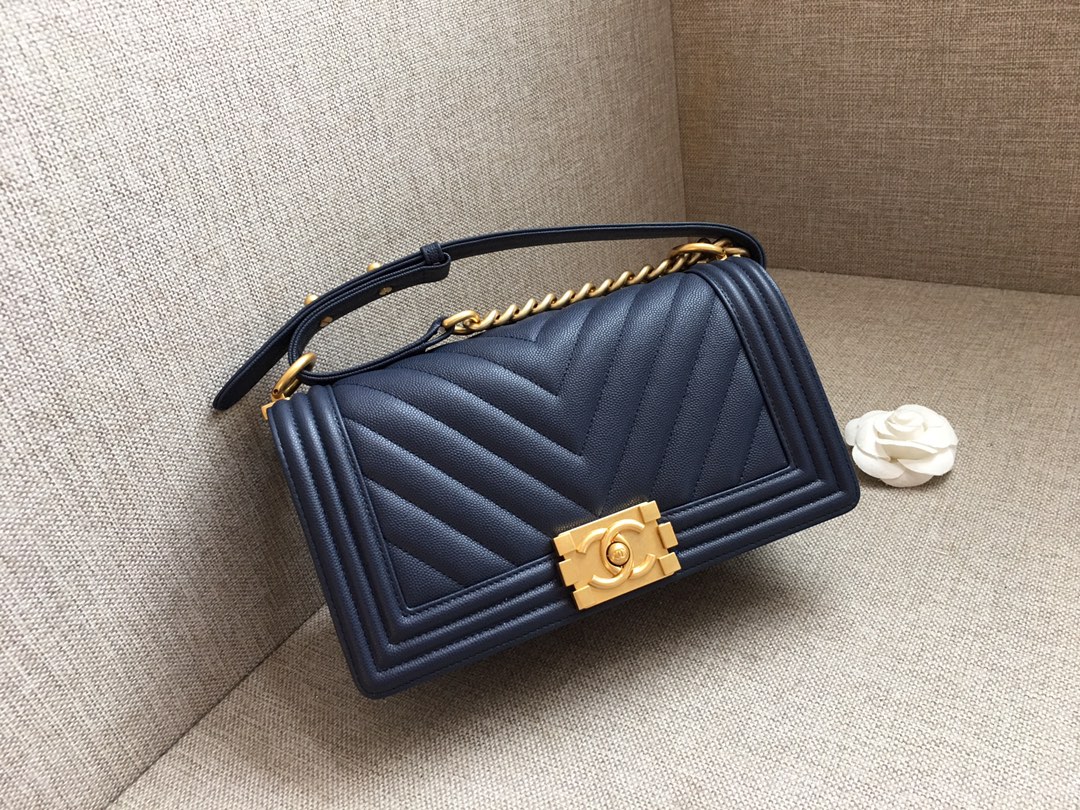 Caviar Medium Boy Handbag Flap Bag A67086 Dark Blue/Gold